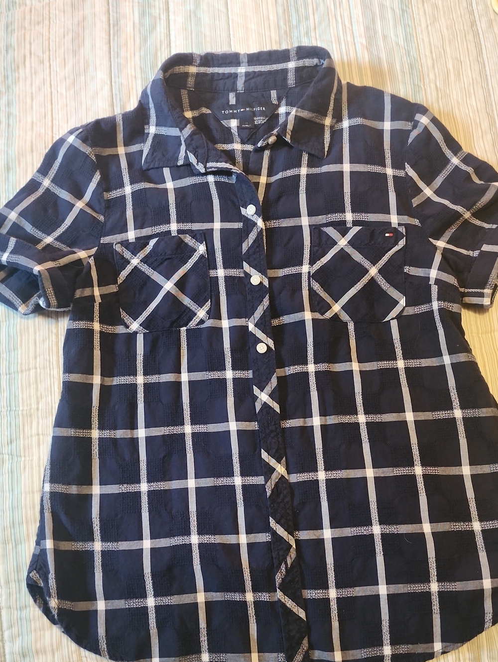 Tommy Hilfiger Navy and White Plaid Short-Sleeve Shirt